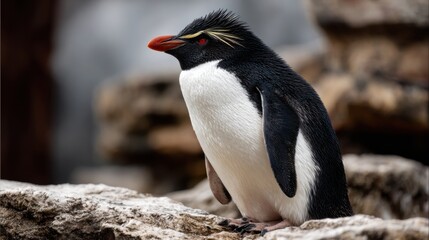 Fototapeta premium Majestic penguin perched on rocky surface with striking features