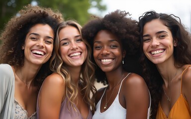 Happy group of multiracial young friends, diverse people smiling at camera outside, international community and joyful people. High quality