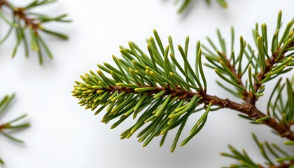 An evergreen branch with conifer needles against a plain background.
