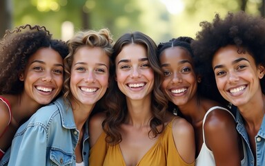 Happy group of multiracial young friends, diverse people smiling at camera outside, international community and joyful people. High quality