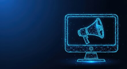 Digital megaphone on computer screen promoting online marketing and advertising