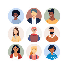 Vector people faces avatars and users collection - Set of illustrations with profile pictures of diverse people in various clothes and styles. Flat design in oval frame on white ... See More