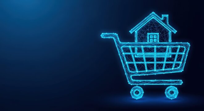 Digital shopping cart with a house illustration representing real estate purchase concept - Powered by Adobe