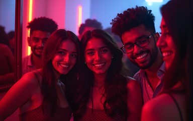 Group of indian friends having fun and rest at night club. They looking on mirror and making photos on phone. High quality
