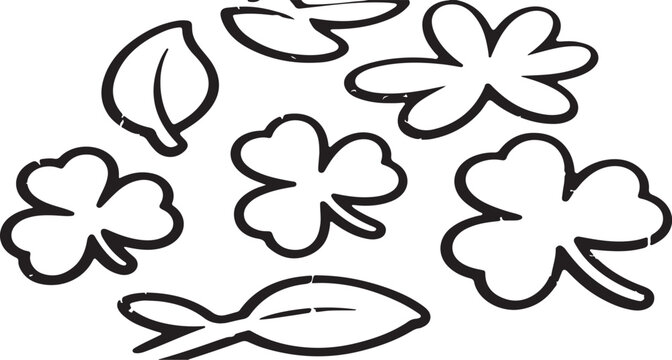 Outline vector illustration of various hand drawn leaves including three and four leaf clovers on a dark field