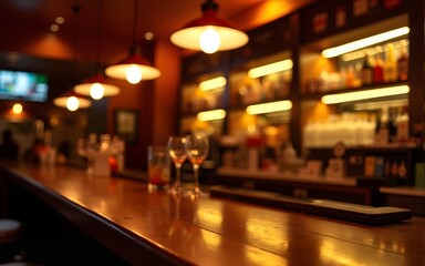 Cozy Bar Atmosphere: Warm lighting illuminates an inviting bar counter, setting a relaxed and sophisticated mood. Perfect for showcasing drinks, food, or social gatherings. High quality