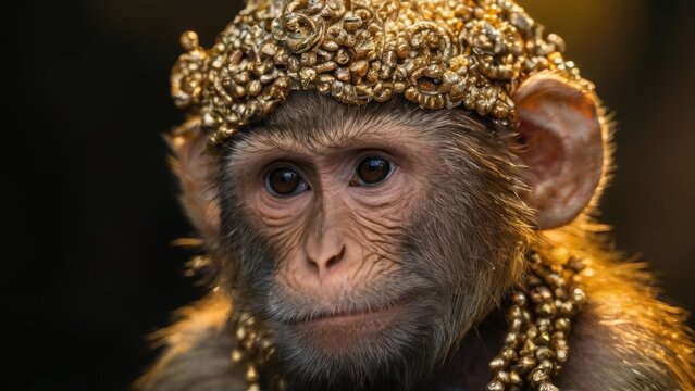 Closeup portrait of a curious macaque monkey wearing intricately designed gold headpiece, with large eye in center.