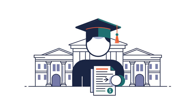 Graduate holding diploma in front of university building, symbolizing academic achievement and the pursuit of higher education, rendered in a clean, modern style.