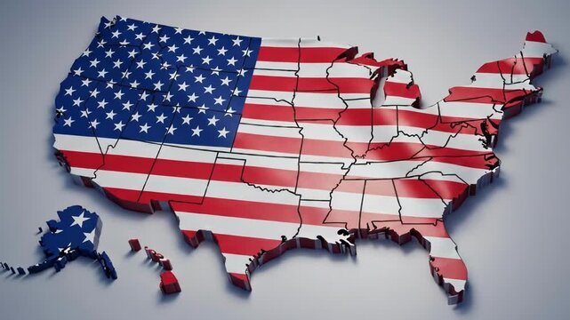 Three dimensional map of the united states of america with american flag texture and state border outlines on a light gray background