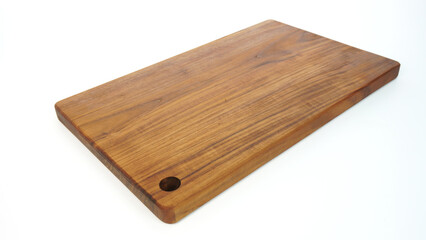Rectangular teak wood chopping board with natural wood motif, 20mm thick, safe for use with cooking utensils, isolated on white background
