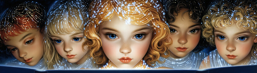 Five stylized children's faces in a whimsical vintage illustration