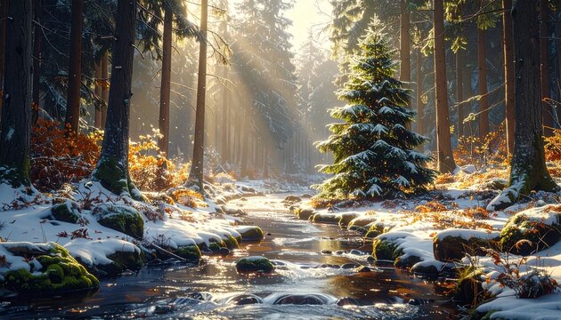 Peaceful winter forest with snow-covered trees and rocks, warm sunlight casting golden glow on flowing stream.