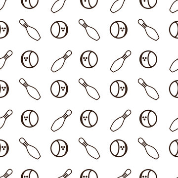 line art pattern of two bowling pins and a bowling ball on a white background. The two bowling pins are cream-colored with red bands near their necks