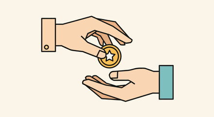 Hands exchanging a gold coin with a star in a simple, clean style representing a transaction or investment, conveying a sense of financial exchange.
