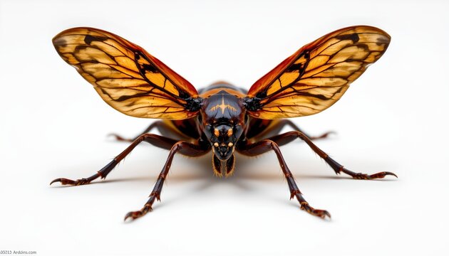 A striking beetle with vivid orange and black markings, its wings outstretched as if ready for flight.