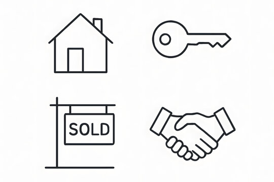 Real Estate Icons: Minimalist line art representing a house, key, sold sign, and handshake, symbolizing homeownership and property transactions.