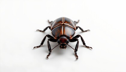 Naklejka premium A beetle like insect with a red and black exoskeleton, standing on six legs against a white background.