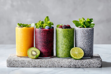 Fototapeta premium Fresh Fruit and Vegetable Smoothies Displayed on a Stone Surface With Mint Leaves and Kiwi Slices