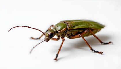 Fototapeta premium A large green beetle with black antennae, standing out against a white background.