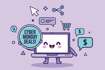 Cute cartoon laptop character holding a sign that says "Cyber Monday Deals!" with shopping icons.