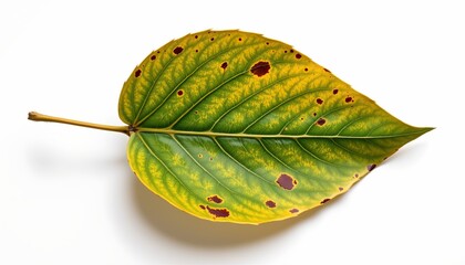 A single, yellowish green leaf, resting against a stark white background. Its surface reveals signs of life in the form of small red spots and black specks, scattered throughout its waxy texture.