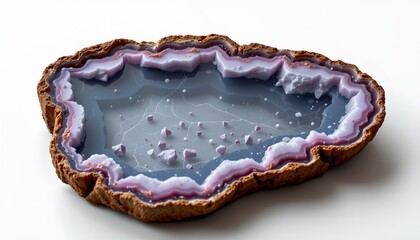 A large, irregularly shaped, geode like rock formation with a purple hue inside, resembling an amethyst cluster with a blueish tint to the outer surface