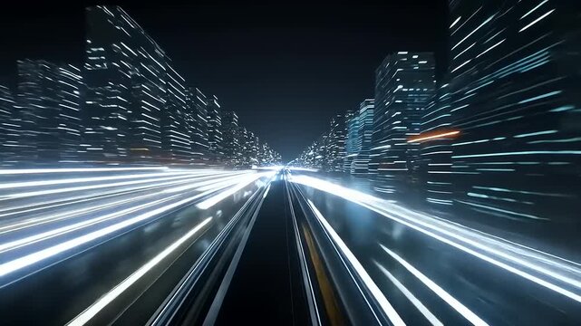 Dynamic cityscape at night with streaks of light from moving vehicles and illuminated skyscrapers - Powered by Adobe