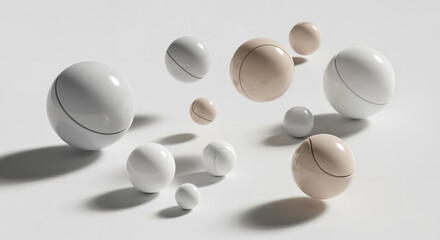 Glossy white and beige spheres bouncing and rolling in white space, 3D art