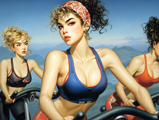 Three women doing indoor cycling in a stylized digital fitness illustration