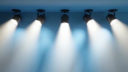 Five spotlights illuminate a blue wall, creating a dramatic and focused effect.