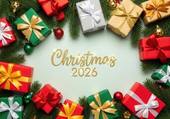 Christmas 2026 gifts and fir branches on light background
