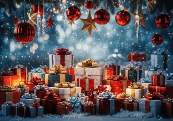 Holiday season festive gifts, ornaments, and falling snow