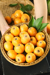 Fresh Loquat Fruits in Wicker Basket with Leaves - Organic Golden Yellow Produce