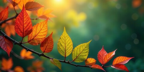 Obraz premium Autumnal Branch with Vibrant Hues of Red and Gold Leaves Basking in Soft Sunlight