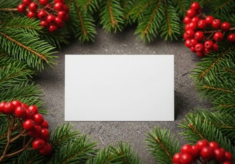 Blank card framed by festive fir branches and red berries