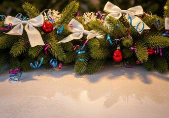 Seasonal fir garland with bows, red ornaments, and ribbon.
