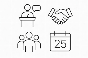 Business Meeting Icons: A collection of simple black and white icons that symbolize core business concepts. Perfect for illustrating meetings, agreements, and team gatherings.
