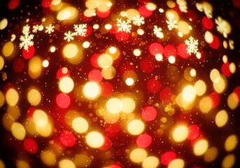 Festive red and golden bokeh lights with snowflake backdrop.
