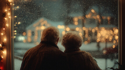 Fototapeta premium Elderly Couple Enjoying Winter Snow Through Window