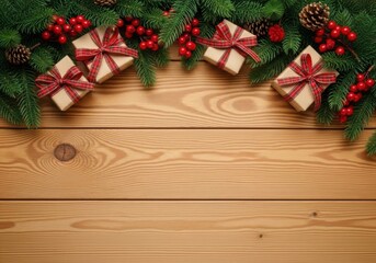 Christmas gifts and fir branches with red berries on wood