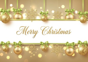 Merry christmas greeting, golden ornaments and snowflakes