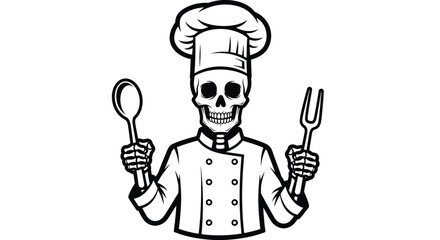 Skeleton Chef Holding Utensils Ready to Cook.