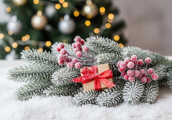 Frosted fir branches, red berries, small present on white