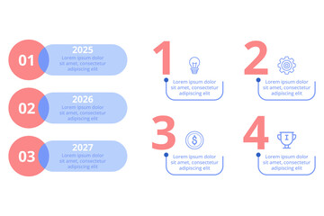 Infographic set providing overview of future plans spanning from 2025 to 2027. Each section highlighting key objectives, methods, and achievements for upcoming years