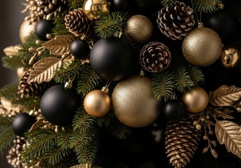Elegant black and gold christmas tree decorations close-up