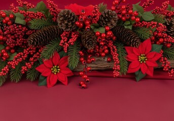 Vibrant christmas decor: poinsettias, berries, pinecones.