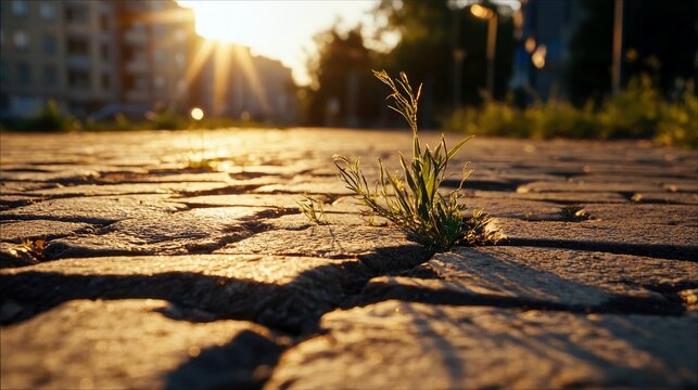 A close-up shot of a single blade of grass pushing through the cracks of a cobblestone path, illuminated by the warm, golden light of a setting sun. Buildings a