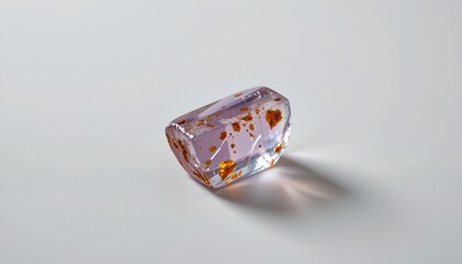 A transparent gemstone with multiple facets, set against a neutral background