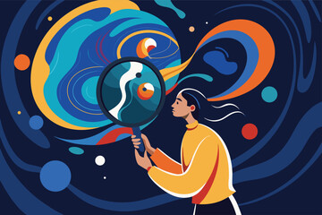 Woman exploring opportunities with magnifying glass, visualizing possibilities and making discoveries in a dynamic world, vector illustration © merry