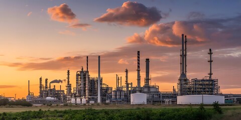 Fototapeta premium Industrial refinery complex against a dramatic sunset sky